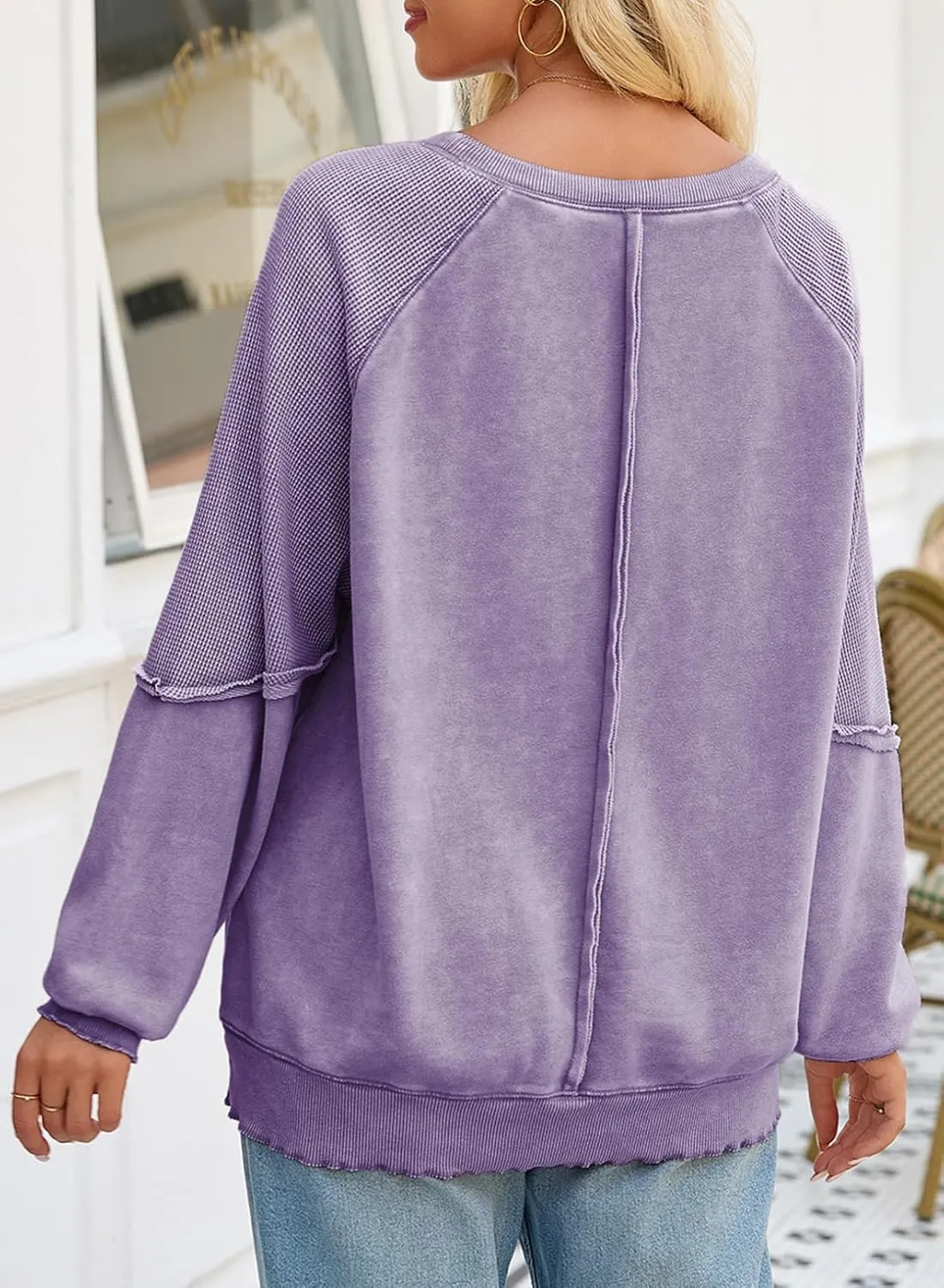 SHEWIN Womens Fashion Waffle Knit Sweatshirt Casual Crewneck Long Sleeve Reverse Seam Oversized Pullover Sweatshirts