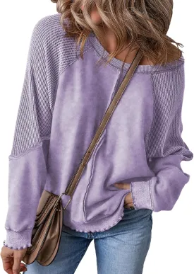 SHEWIN Womens Fashion Waffle Knit Sweatshirt Casual Crewneck Long Sleeve Reverse Seam Oversized Pullover Sweatshirts