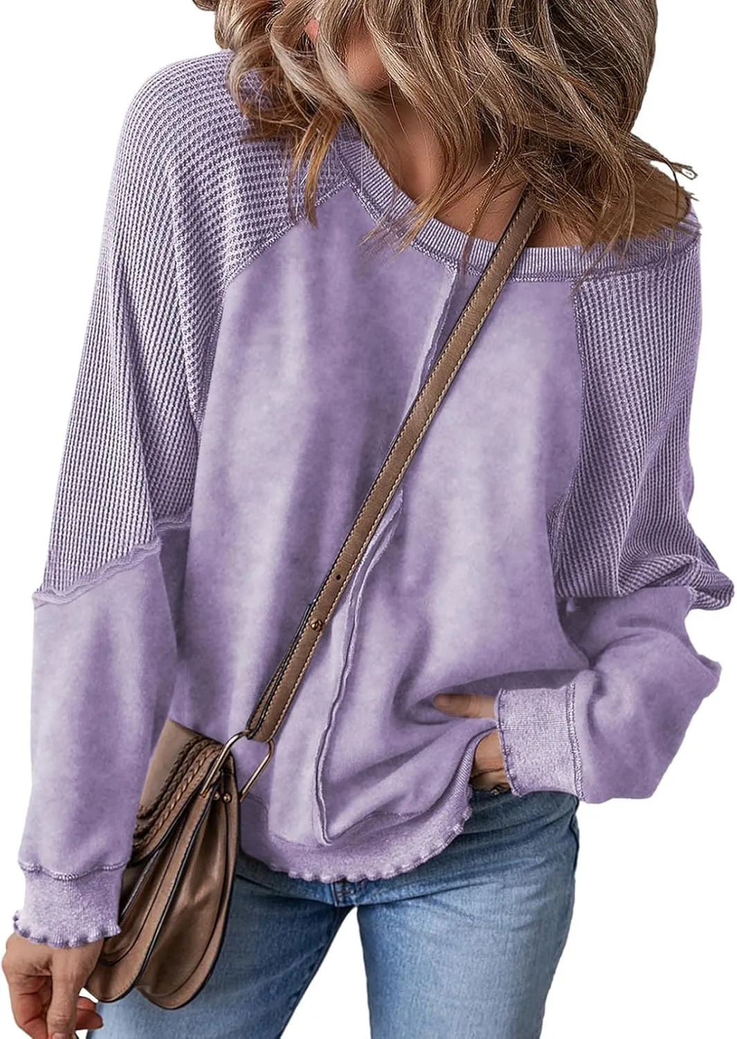 SHEWIN Womens Fashion Waffle Knit Sweatshirt Casual Crewneck Long Sleeve Reverse Seam Oversized Pullover Sweatshirts