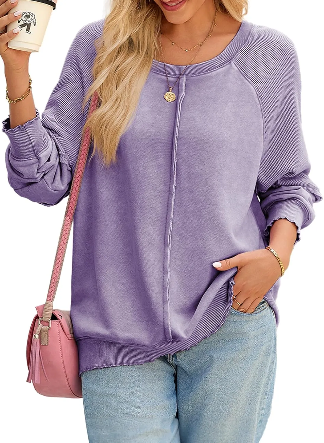 SHEWIN Womens Fashion Waffle Knit Sweatshirt Casual Crewneck Long Sleeve Reverse Seam Oversized Pullover Sweatshirts