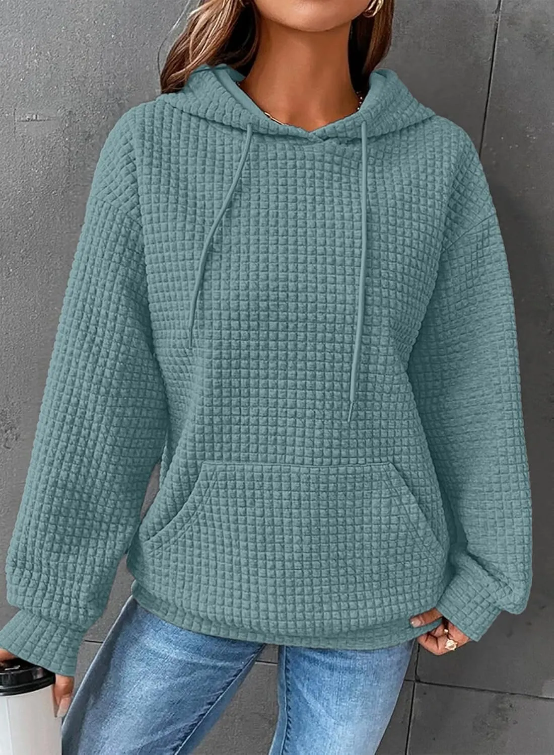 SHEWIN Womens Hoodies Casual Long Sleeve Drawstring Waffle Pullover Tops Loose Hooded Sweatshirt with Pocket