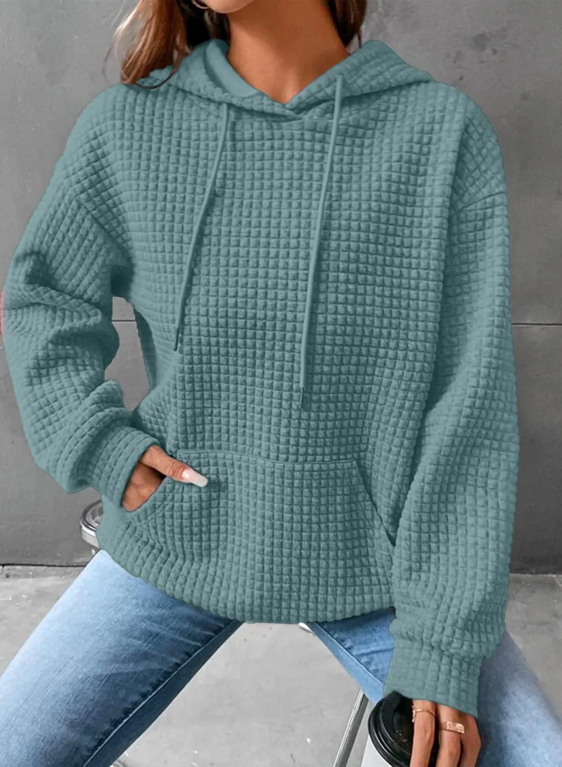 SHEWIN Womens Hoodies Casual Long Sleeve Drawstring Waffle Pullover Tops Loose Hooded Sweatshirt with Pocket