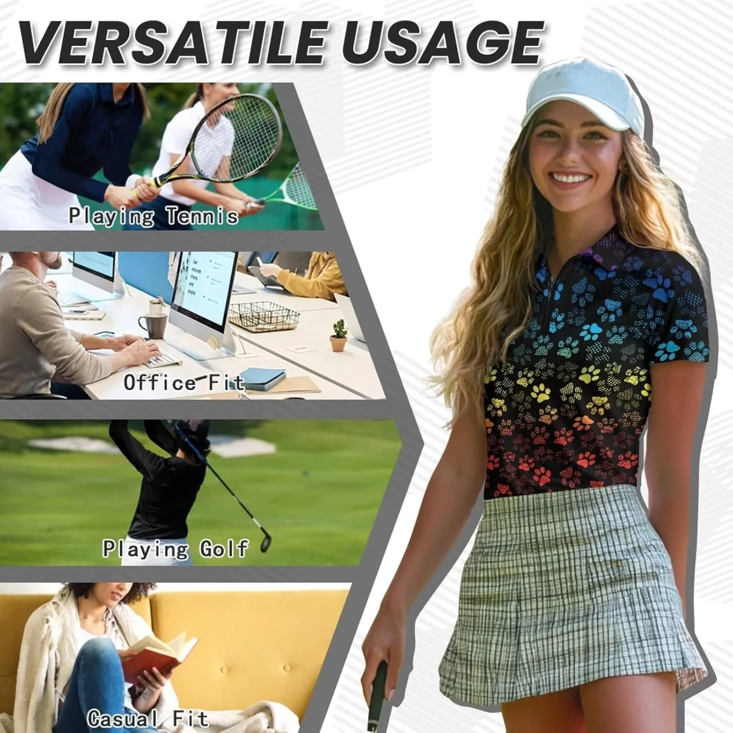 Suobstales Women's Golf Shirt Short Sleeve with Zip Up Quick Dry Stretch Tennis Collared Polo Shirts Golf Clothes for Women