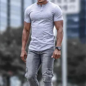 Wiaofellas  -  Sports Slim T-shirts Men Casual Buttoned O Neck Henley Shirt Vintage Solid Color Short Sleeve Mens T Shirt Summer Streetwear Tee