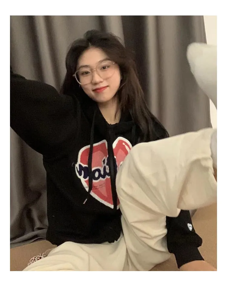 Wjczt Harajuku Blue Vintage Zipper Hoodie Fashion Love Knitting Long Sleeves Casual Baggy Ladies Street Sports Outerwear Tops Autumn