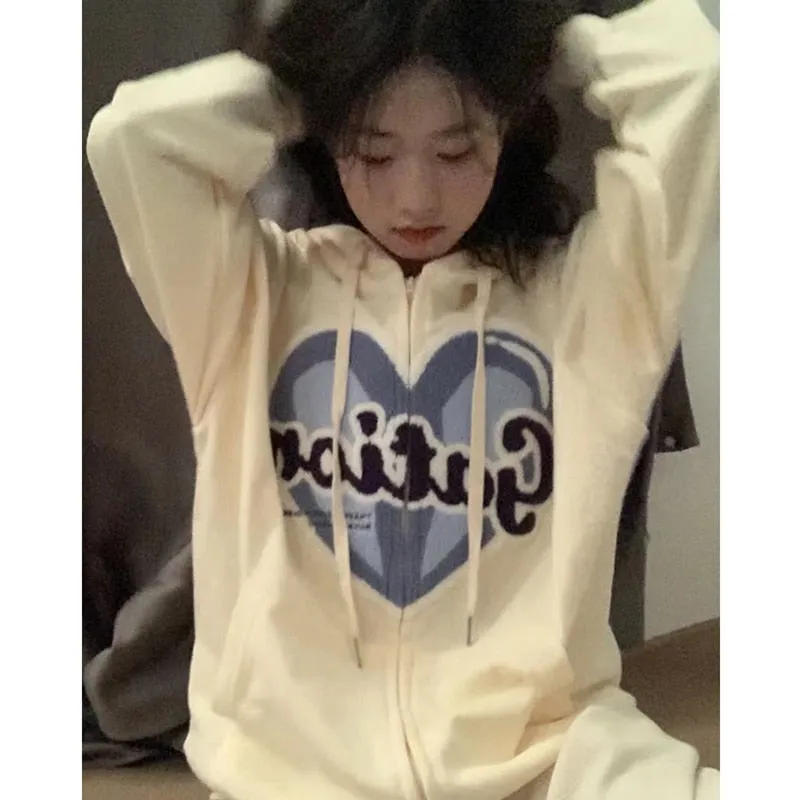 Wjczt Harajuku Blue Vintage Zipper Hoodie Fashion Love Knitting Long Sleeves Casual Baggy Ladies Street Sports Outerwear Tops Autumn