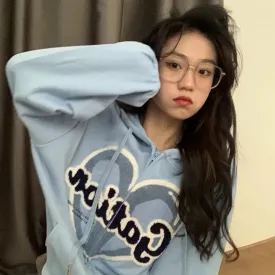 Wjczt Harajuku Blue Vintage Zipper Hoodie Fashion Love Knitting Long Sleeves Casual Baggy Ladies Street Sports Outerwear Tops Autumn