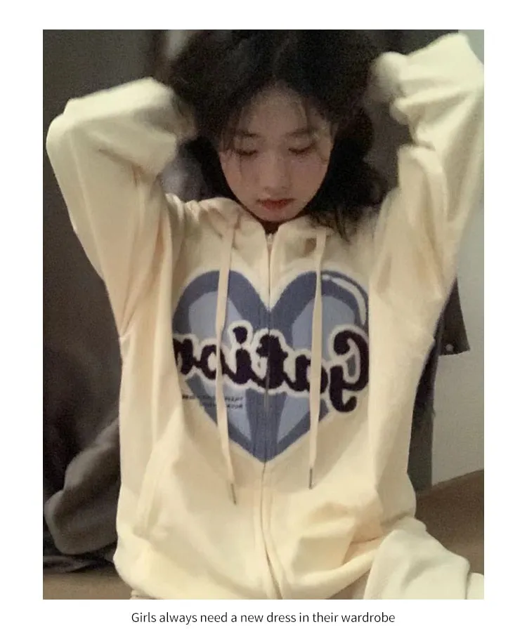Wjczt Harajuku Blue Vintage Zipper Hoodie Fashion Love Knitting Long Sleeves Casual Baggy Ladies Street Sports Outerwear Tops Autumn