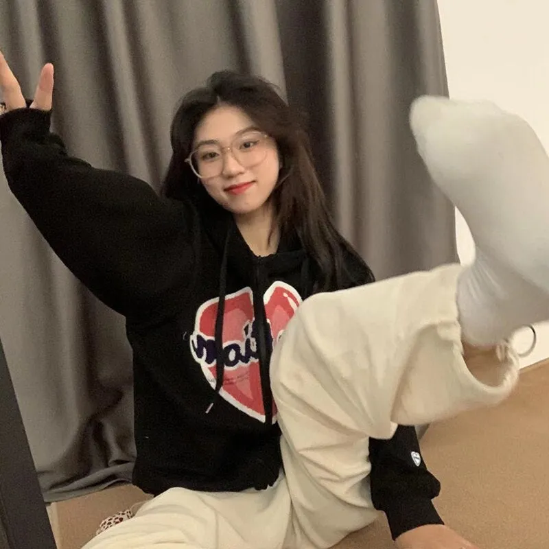Wjczt Harajuku Blue Vintage Zipper Hoodie Fashion Love Knitting Long Sleeves Casual Baggy Ladies Street Sports Outerwear Tops Autumn