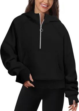 Womens Half Zip Hoodies Quarter Zipper Up Cropped Sweatshirt Long Sleeve Athletic Pullover Tops with Thumb Hole
