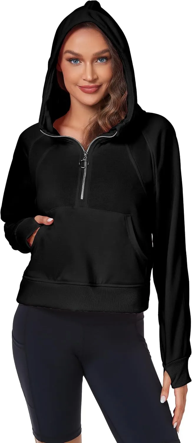Womens Half Zip Hoodies Quarter Zipper Up Cropped Sweatshirt Long Sleeve Athletic Pullover Tops with Thumb Hole