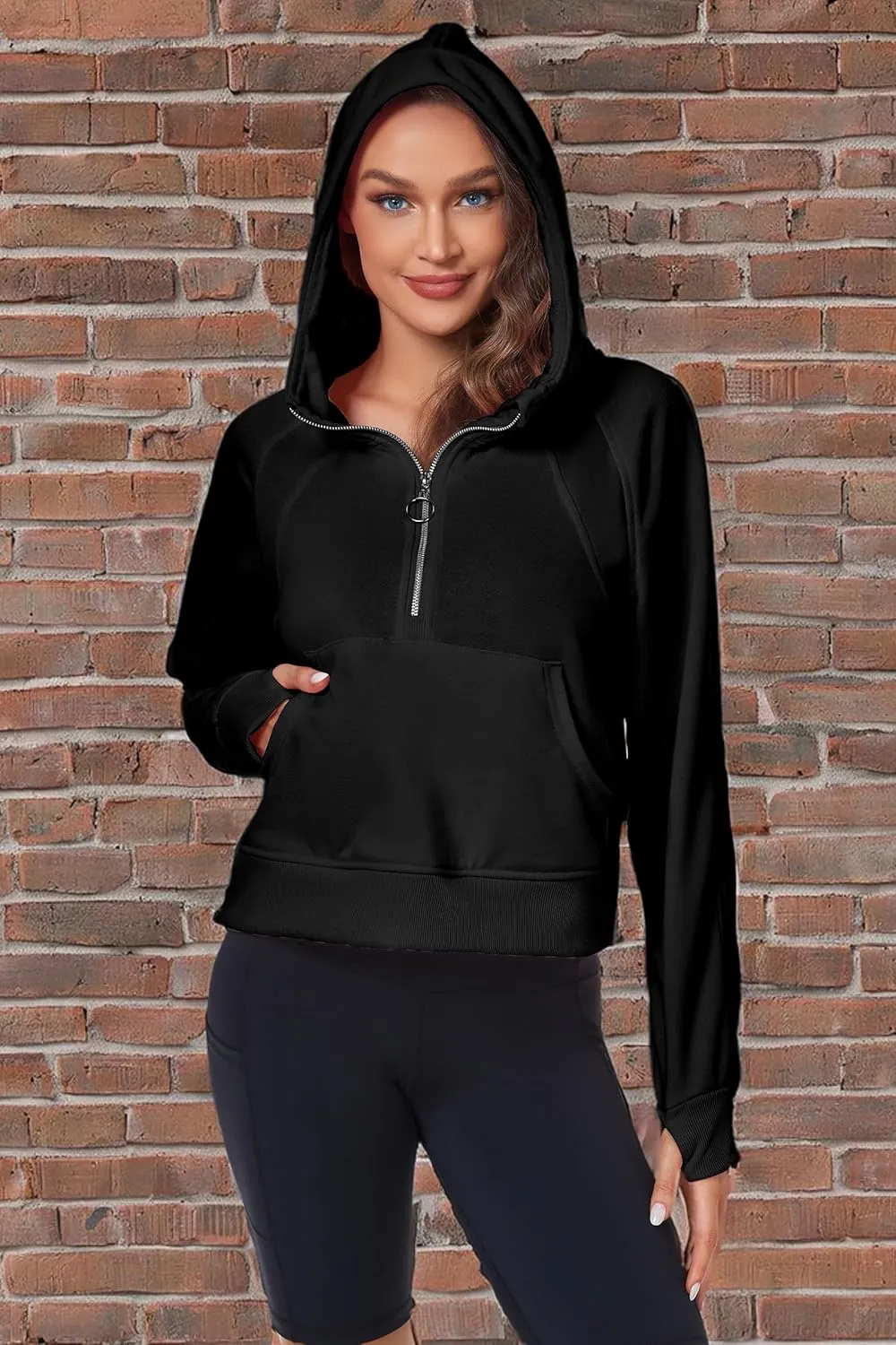 Womens Half Zip Hoodies Quarter Zipper Up Cropped Sweatshirt Long Sleeve Athletic Pullover Tops with Thumb Hole