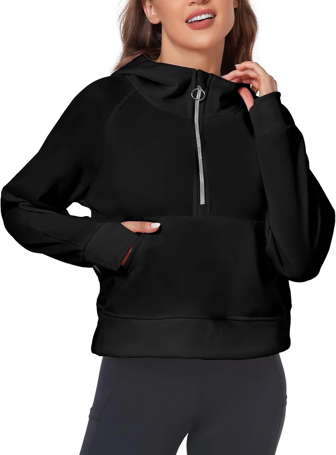 Womens Half Zip Hoodies Quarter Zipper Up Cropped Sweatshirt Long Sleeve Athletic Pullover Tops with Thumb Hole
