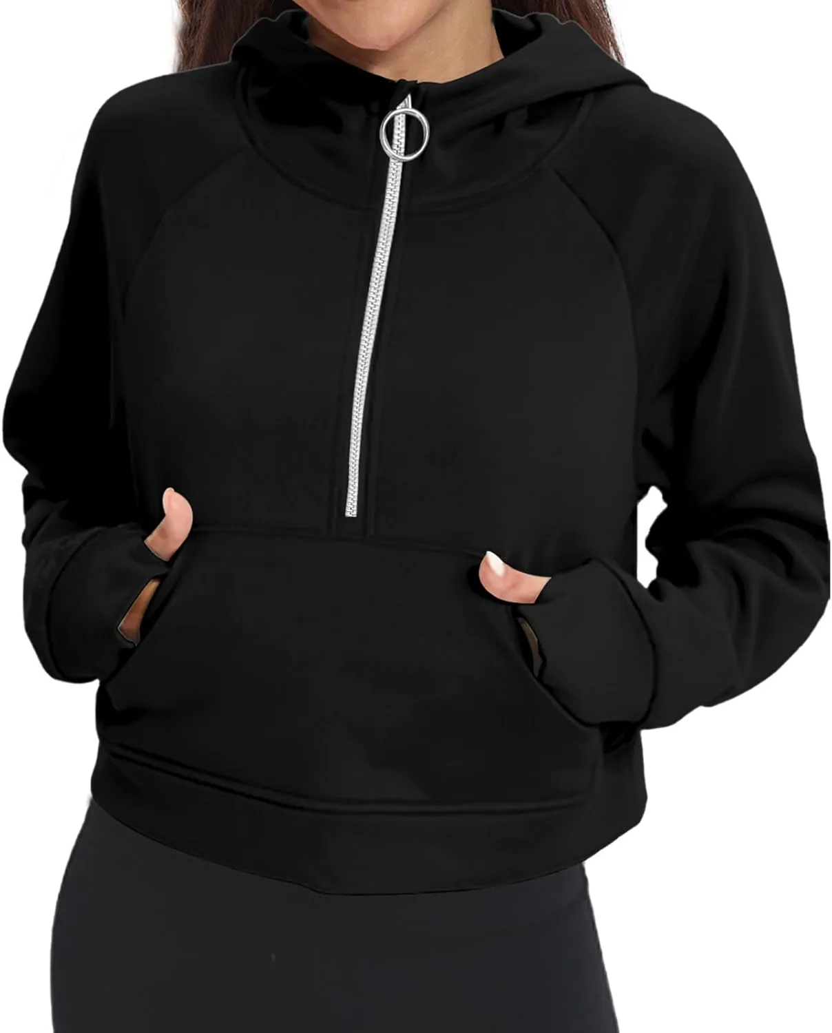 Womens Half Zip Hoodies Quarter Zipper Up Cropped Sweatshirt Long Sleeve Athletic Pullover Tops with Thumb Hole