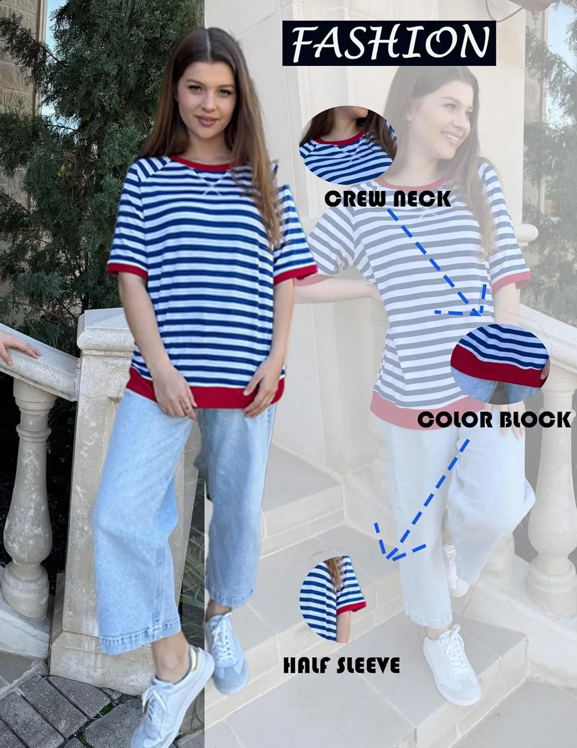 Zeagoo Women Striped T Shirts Oversized Crewneck Short Sleeve Tops Summer Casual Blouse Color Block Basic Tee S-XXL