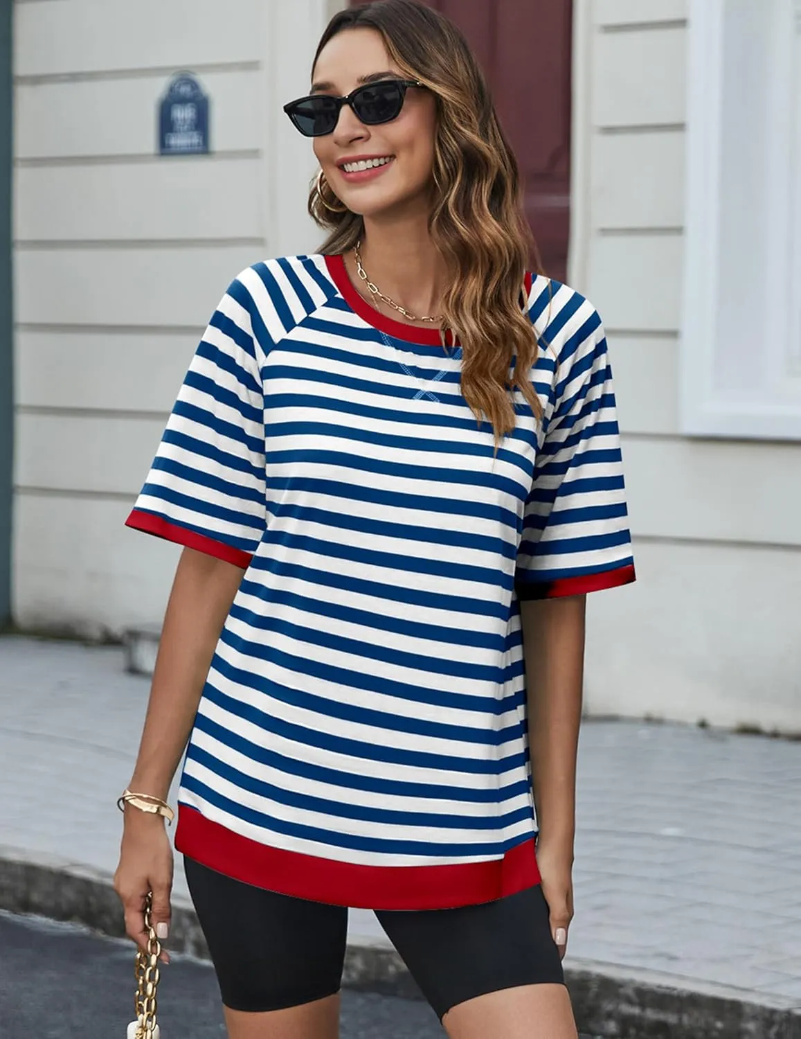 Zeagoo Women Striped T Shirts Oversized Crewneck Short Sleeve Tops Summer Casual Blouse Color Block Basic Tee S-XXL